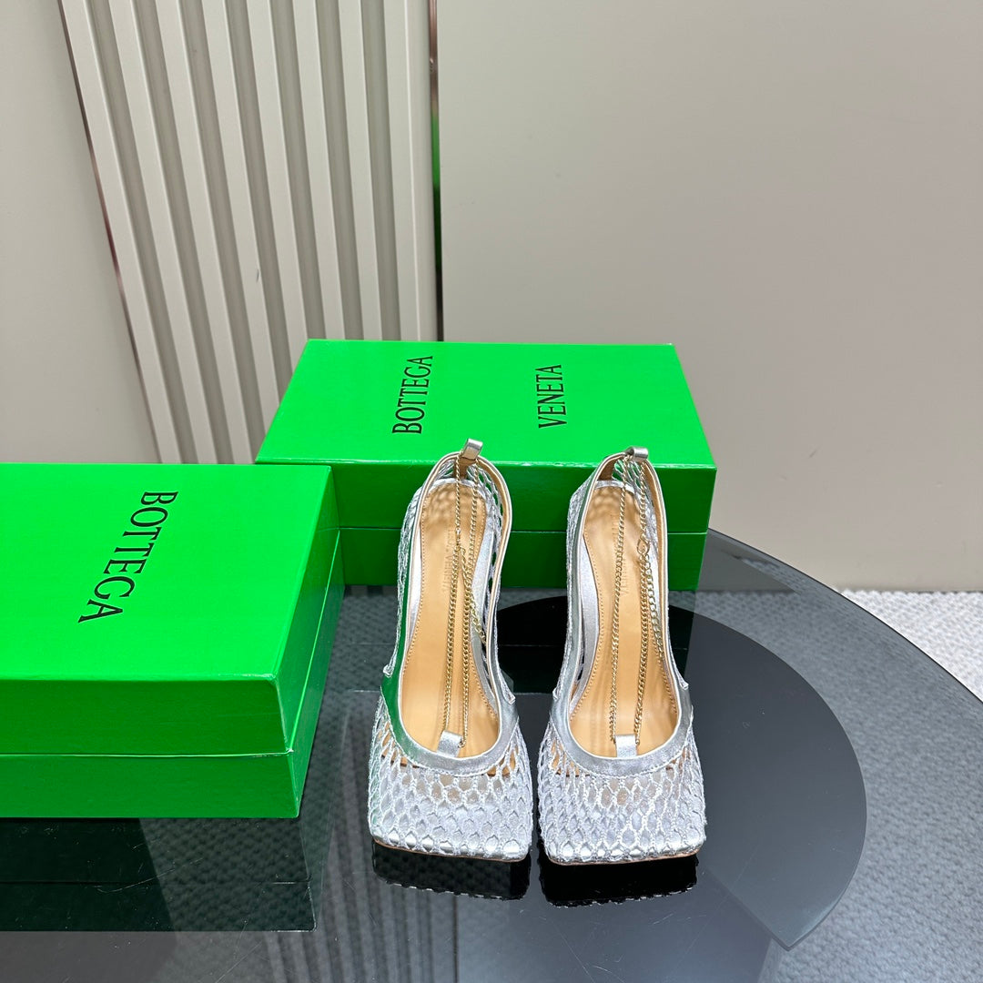 BOTTEGA VENETA HIGH PUMP 9 CM IN SILVER METALLIZE MESH AND LEATHER