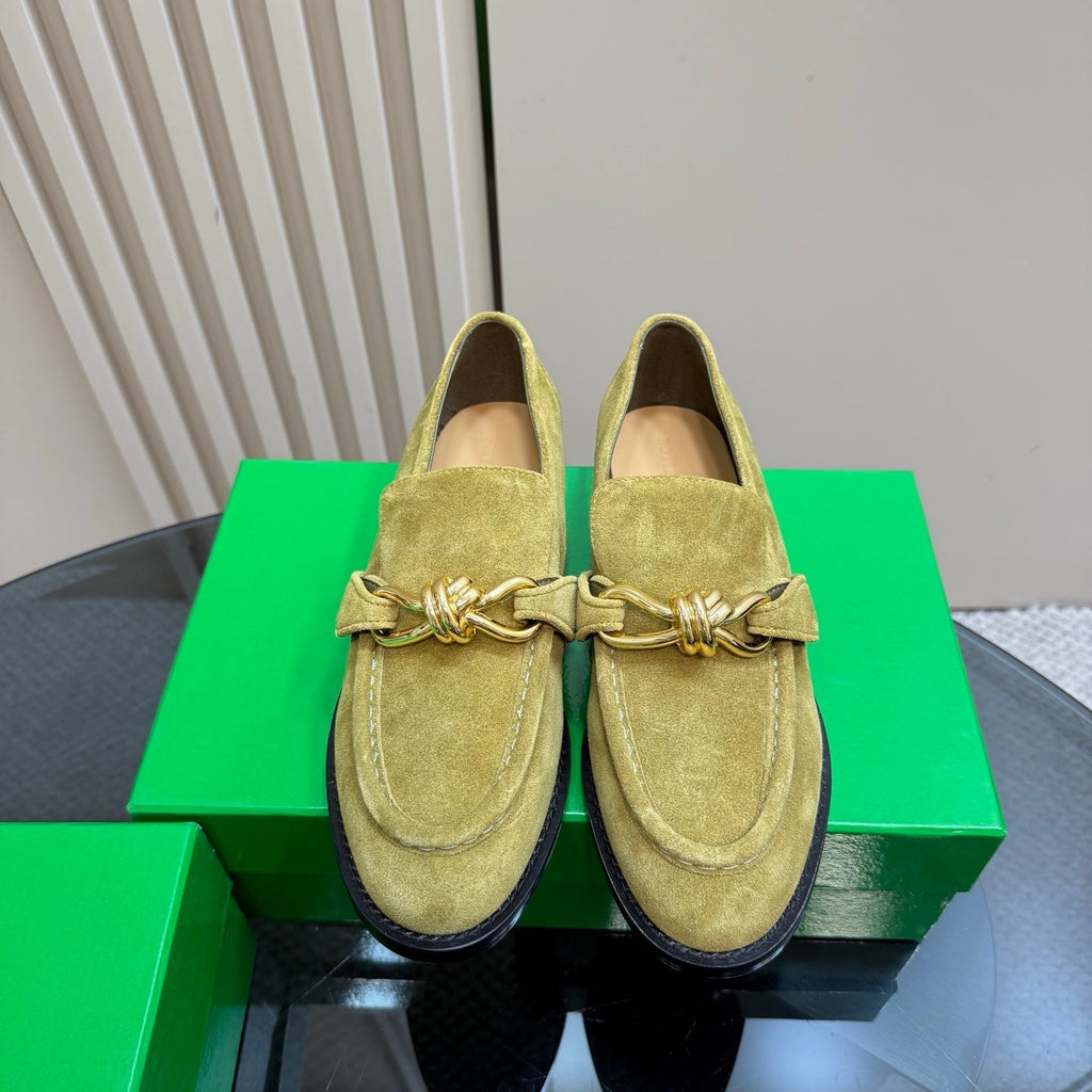 BOTTEGA VENETA ASTAIRE LOAFER IN OLIVE GREEN SUEDE WITH GOLD HARDWARE