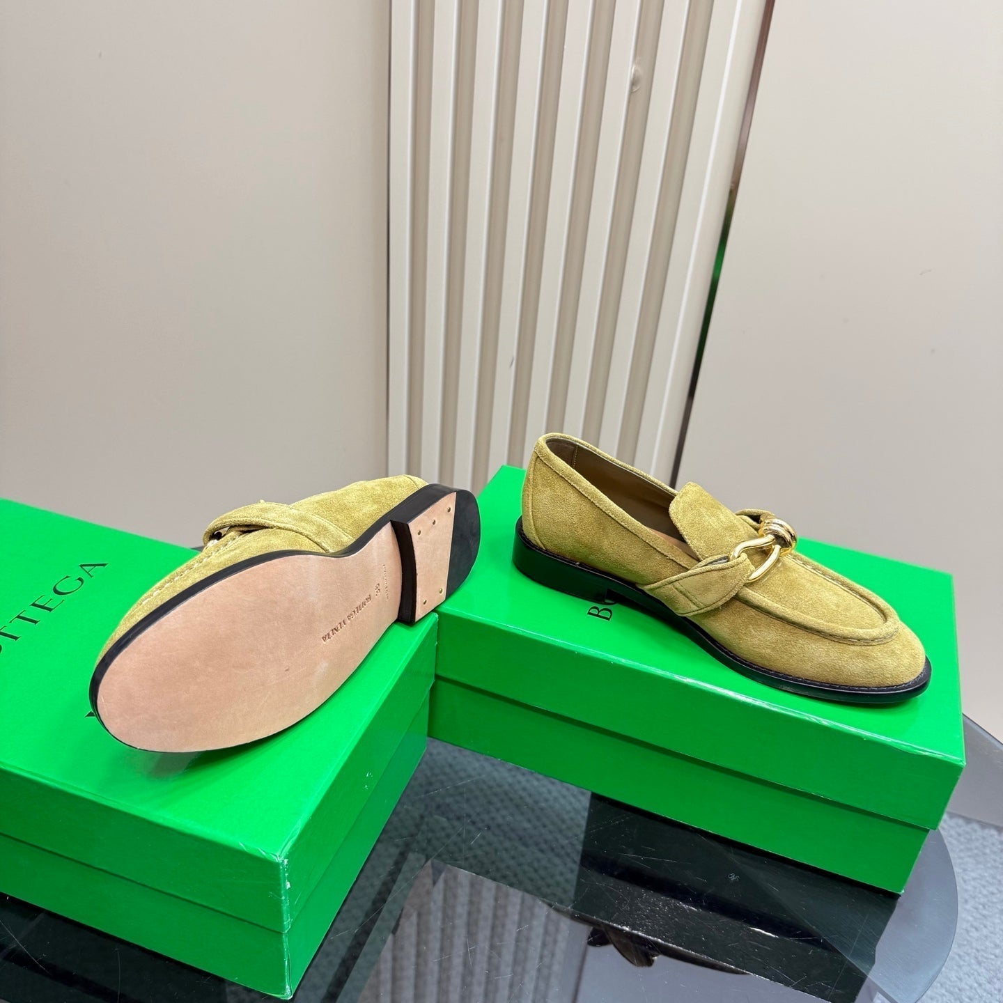 BOTTEGA VENETA ASTAIRE LOAFER IN OLIVE GREEN SUEDE WITH GOLD HARDWARE