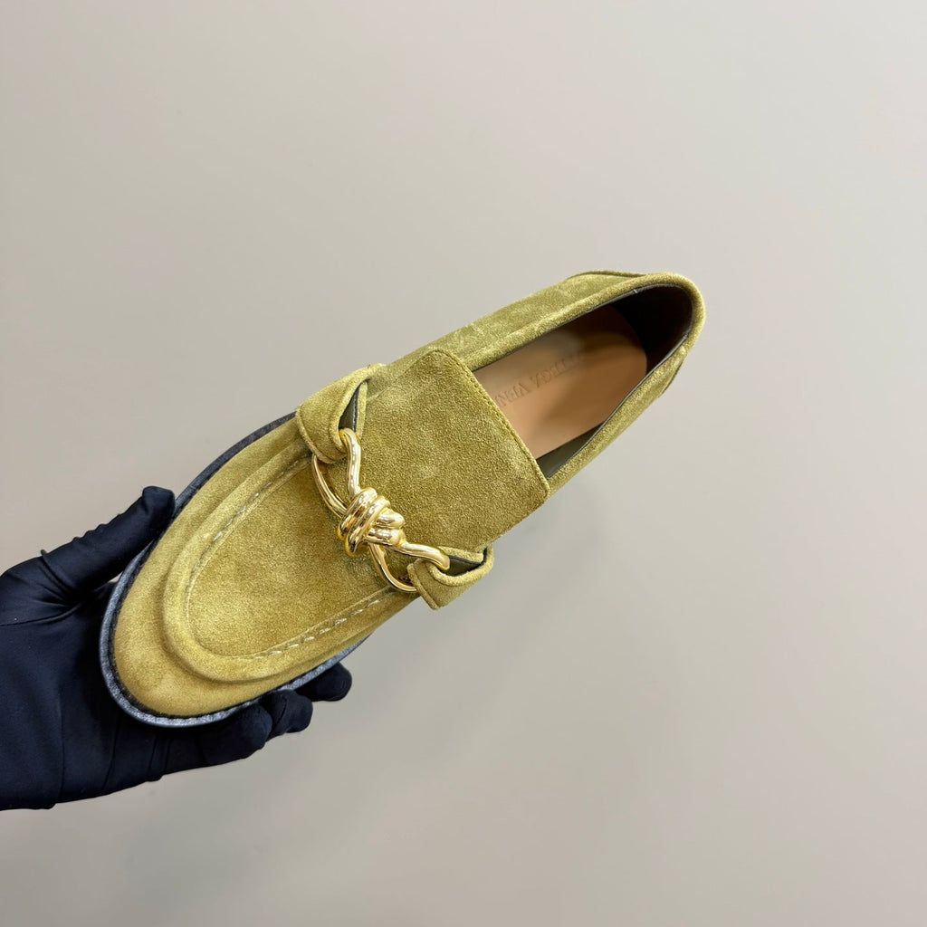 BOTTEGA VENETA ASTAIRE LOAFER IN OLIVE GREEN SUEDE WITH GOLD HARDWARE