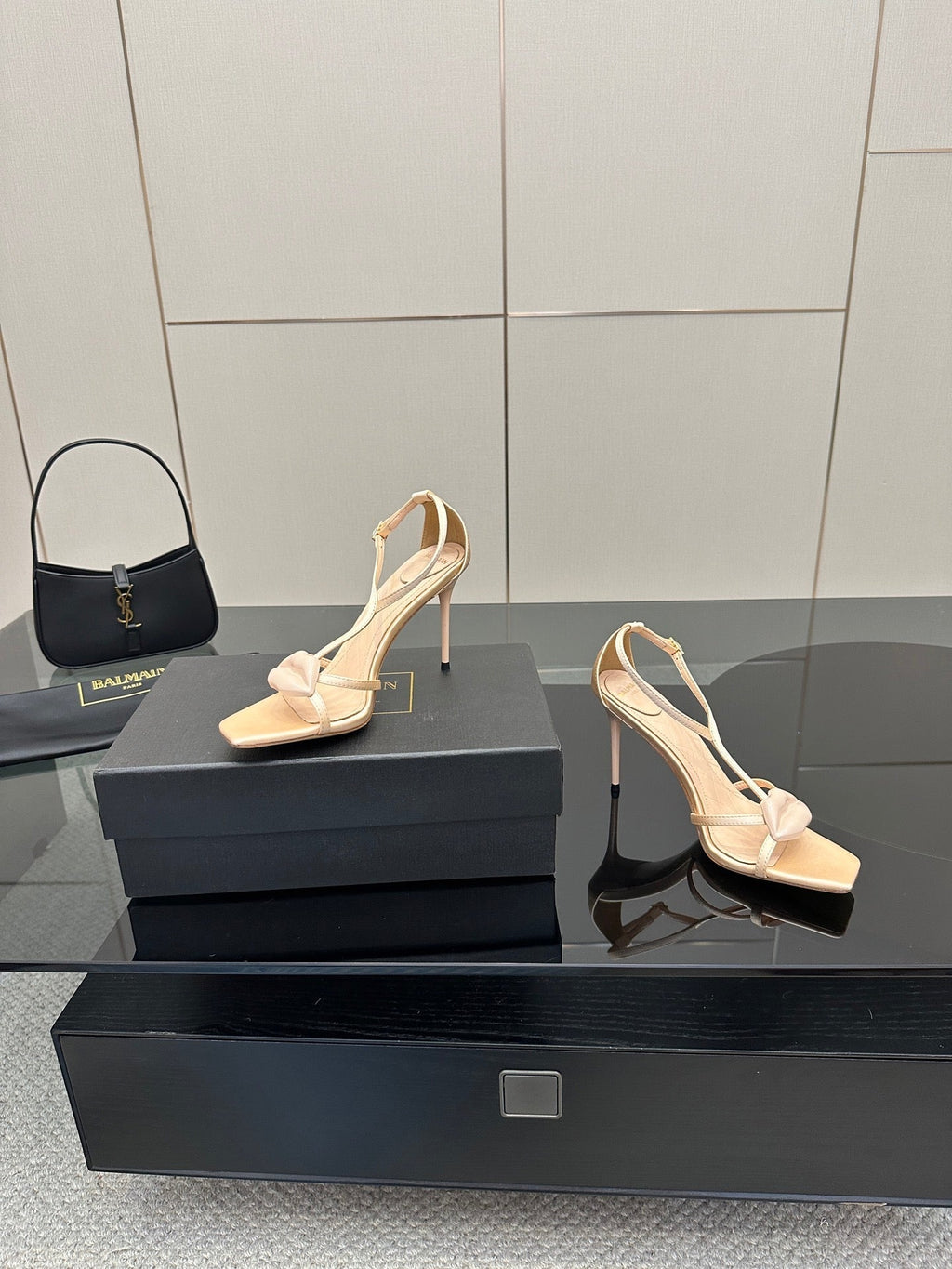 BALMAIN 25S LIPS SANDALS 10 IN BLUSH BEIGE SATIN