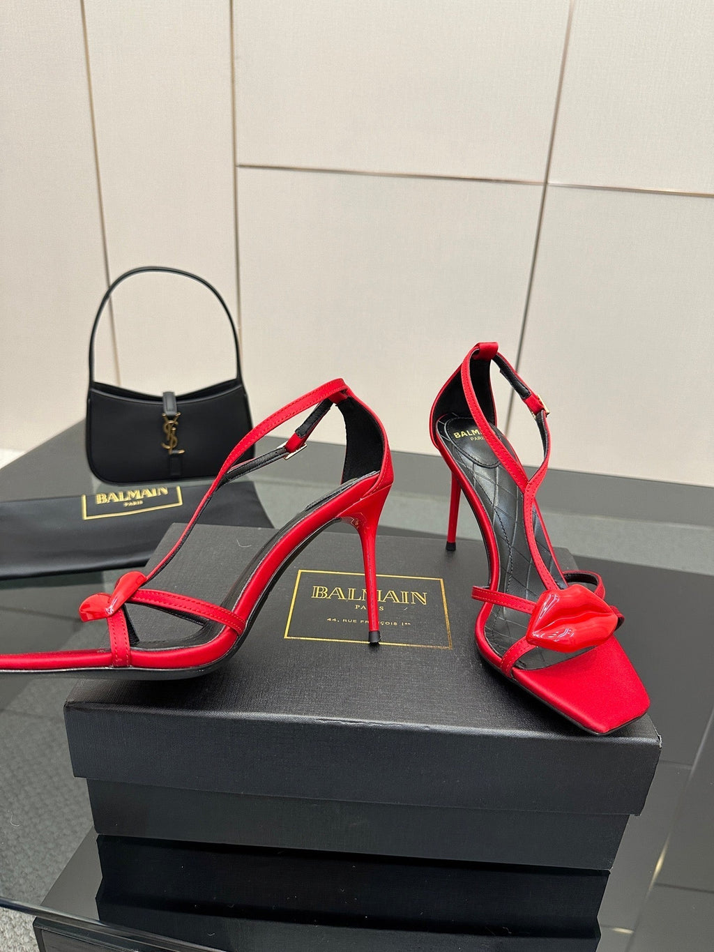 BALMAIN 25S LIPS SANDALS 10 IN CRIMSON RED SATIN