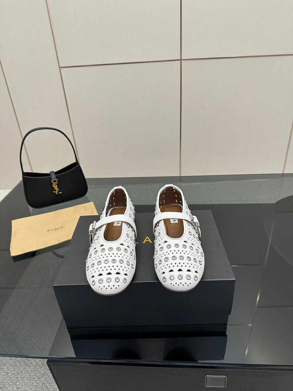 ALAIA BALLET SHOES 25S IN WHITE LAMBSKIN WITH CRYSTAL DETAILING
