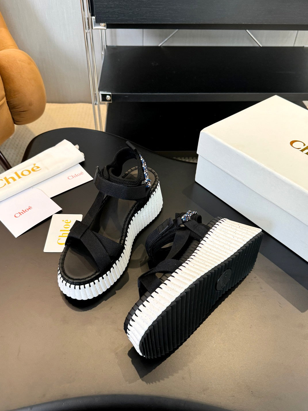 NAMA WEDGE SANDALS IN BLACK FABRIC AND WHITE RUBBER