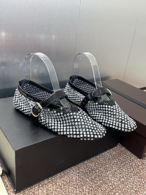 ALAIA MARY JANE FLAT 25S IN BLACK LAMBSKIN EMBELLISHED WITH CRYSTALS