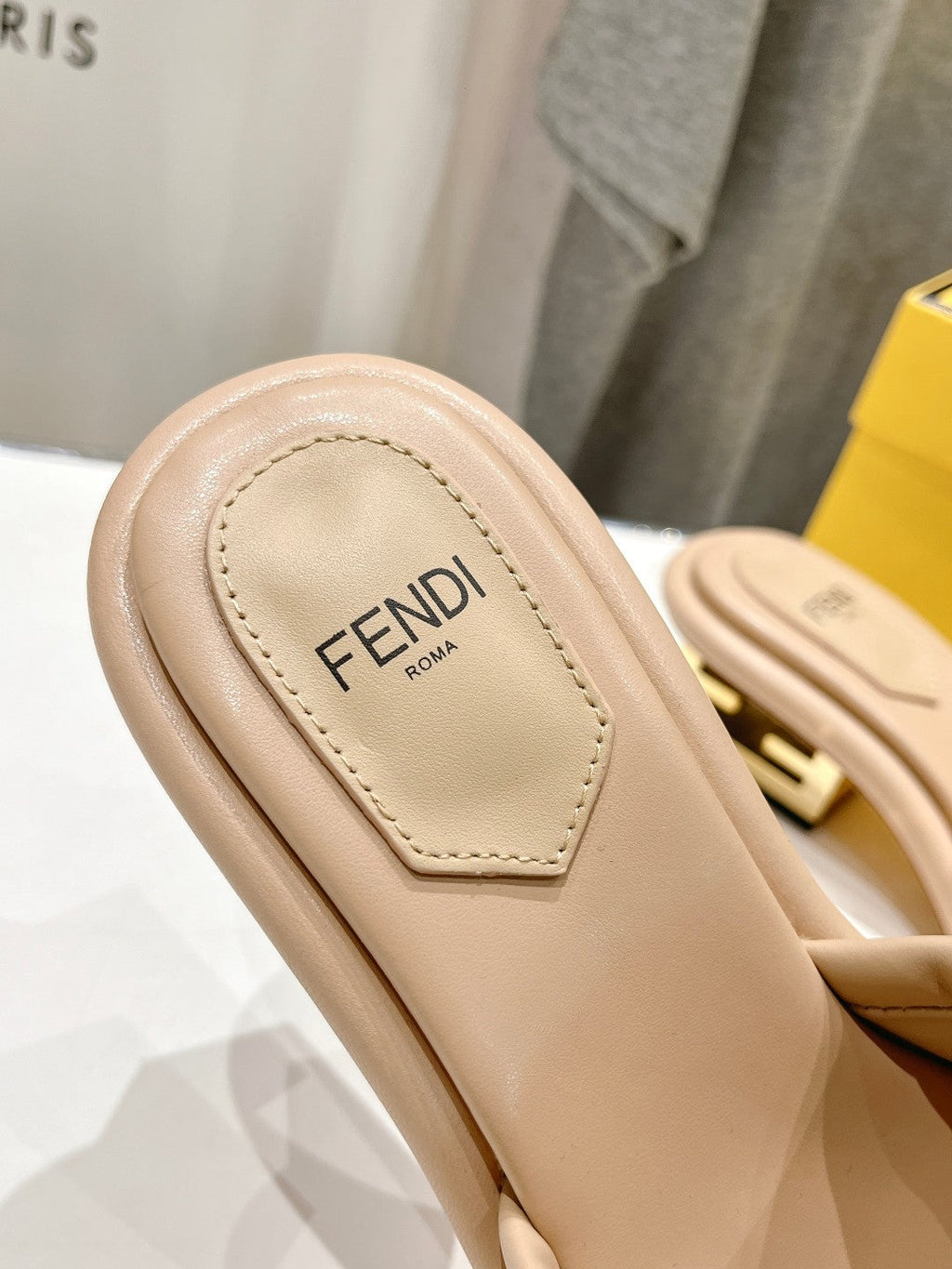 FENDI BAGUETTE MEDIUM-HEEL SANDALS 45 MM IN BISQUE BEIGE CALFSKIN