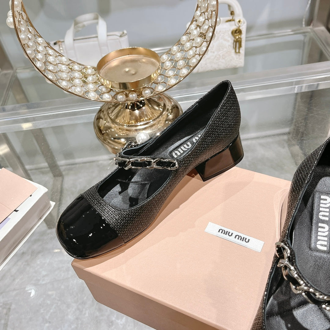 MARY JANE SANDAL CAP TOE BLACK SHEEPSKIN - MID HEEL