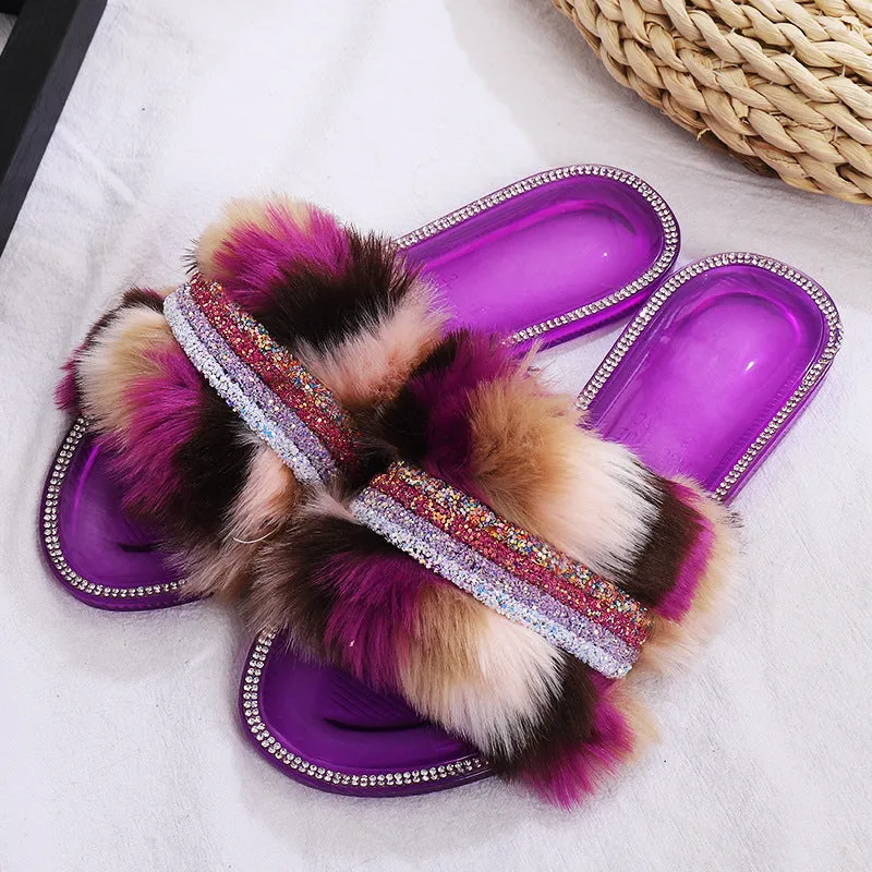 Multi-Color Faux-Fur Slippers with Rhinestones for Women